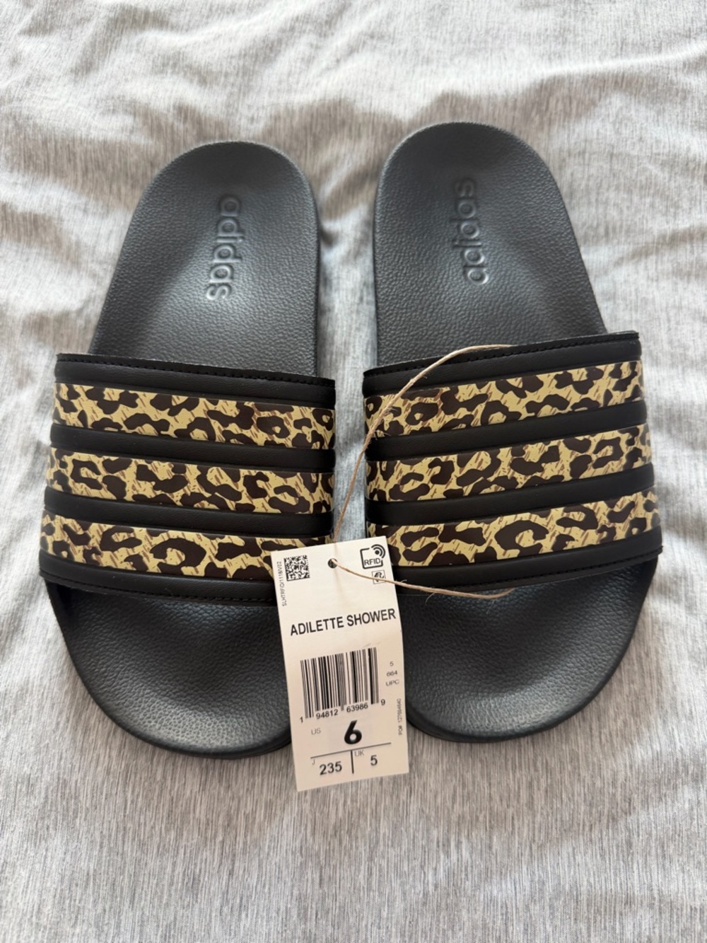 adidas Adilette Shower Slide - Black with Beige Leopard Strap
